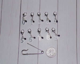 0-9 Numbered Crochet Stitch Markers // Metallic Purple Number Knit Progress Keepers // Planner Charms // Notebook Clips // Journal Charms