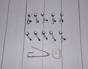 0-9 Numbered Crochet Stitch Markers // Metallic Blue Number Knit Progress Keepers // Journal Charms // Notebook Clips // Planner Charms