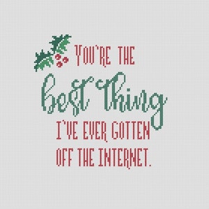 May include: Green and red cross-stitch design with the text "You're the best thing I've ever gotten off the internet."