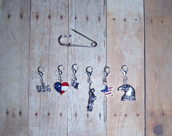 USA Crochet Stitch Markers // Patriotic Progress Keepers // Red White and Blue Crocheting Place Marker // America Planner Charms // Journal