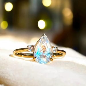 14K Solid Gold Natural Faceted Rainbow Moonstone and White Sapphire Ring