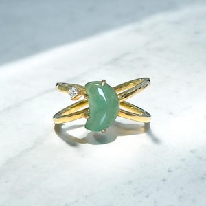 Natural Moon Shaped Green Burmese Jadeite Sterling Silver Ring