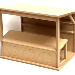 May include: A wooden market stall with a roof, shelves, and a counter. The stall is made of unfinished wood and is ready to be painted or stained.