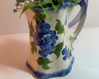 Vintage Button Bokay/Blue Flower Creamer-Country Primitive Farmhouse RusticShabby Chic  Decor