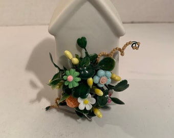 Vintage Button Bouquet/Pottery Bird House-Country,Farmhouse,Cottage Home Decor