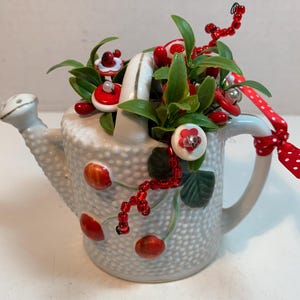 Vintage Button Bouquet/Straberry Watering Can-Country Home Decor-Shabby Cottage Chic