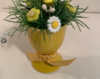 Easter Vintage Button Bokay /Yellow egg Cup-Spring Country Farmhouse Decor