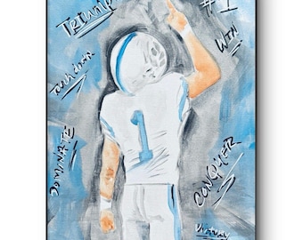 Cuadro original de fútbol americano de 11x14 pulgadas - Acrílico firmado, estilo impresionista, arte deportivo sobre lienzo, colores del equipo Carolina: azul y blanco. Decoración de pared ideal para el día del partido.