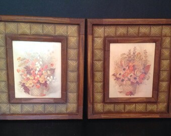pair of vintage l978 basket & floral faux wood and jute framed prints by Robert Laessig in warm Autumn hues