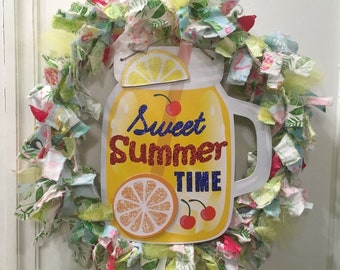 rag wreath fabric and ribbon 14” sweet Summer time yellow lemonade tropical theme with MDF 11” ball jar glass mug sign plaque