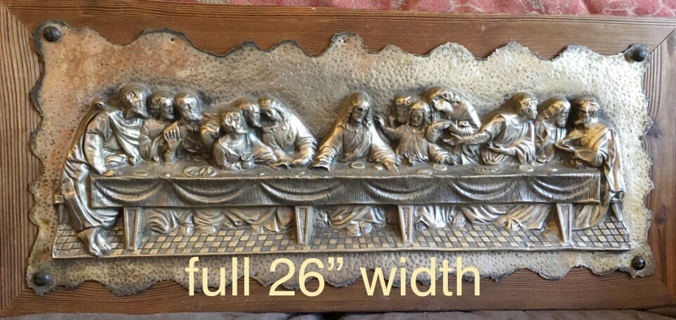 Large Last Supper Wall Plaque Hammered Antiqued Silver Tin