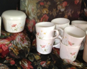 set of 12 ceramic Corning Ware mugs with sugar and creamer floral pattern