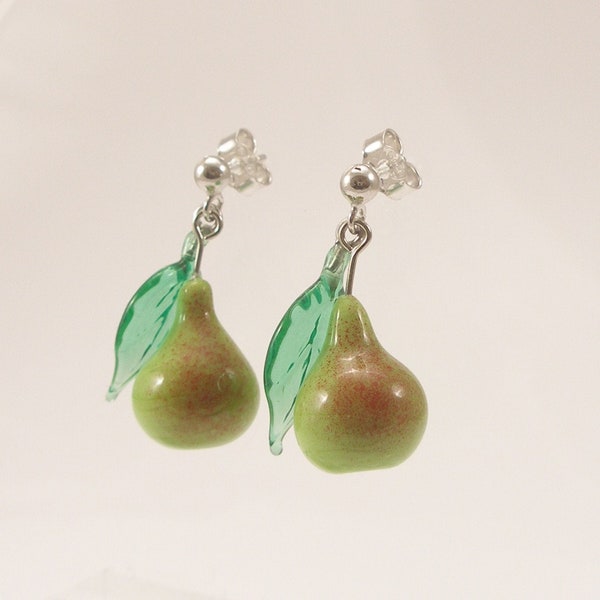 Murano Glass pear  Earrings, Glass jewelry, Sterling silver,,surgical steel, glass fruit, glass pears , pears earrings, Made in Italy