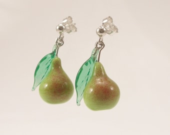 Murano Glass pear  Earrings, Glass jewelry, Sterling silver,,surgical steel, glass fruit, glass pears , pears earrings, Made in Italy