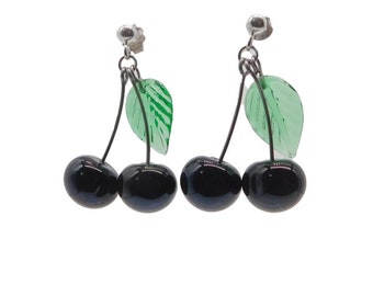 Murano Glass, Black Cherries  Earrings, cherry bomb, Sterling silver,surgical steel, glass fruit, glass cherry, glass berries, Made in italy