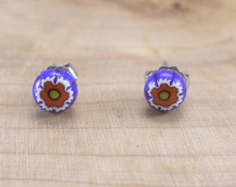 Murano Glass Millefiori stud earrings, fused glass ear post, surgical steel, Millefiori earrings, Made in Italy