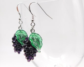 Murano Glass grape  Earrings, Glass jewelry, Sterling silver, glass fruit, glass grape , grape earrings, Made in Italy