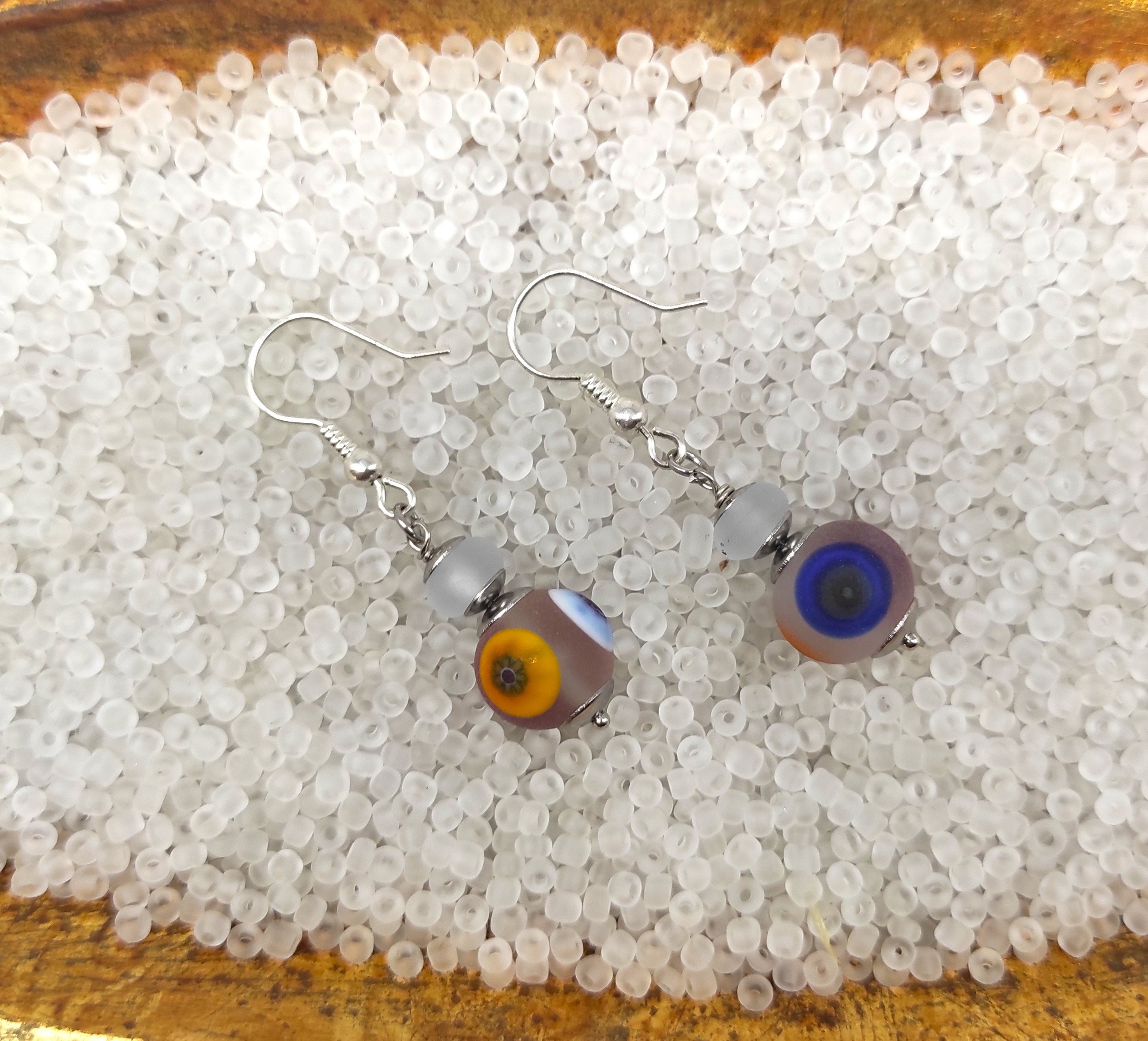 Boucles D'oreilles Pendantes - Argent 925, Perles Verre Millefiori Murano - Neuf Sans Emballage (envoi En Sac Organza)