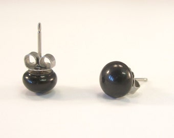 Murano Glass black stud earrings, fused glass ear post, surgical steel, dot earrings, Made in Italy