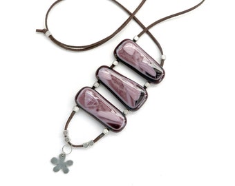 Fused glass necklace in shades of purple and pink