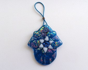 Blue dichroic glass Hamsa wall hanging decoration