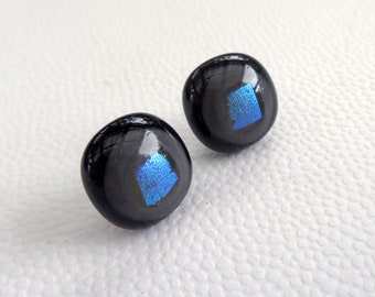 Fused glass black gray stud earrings with blue iridiscent spark