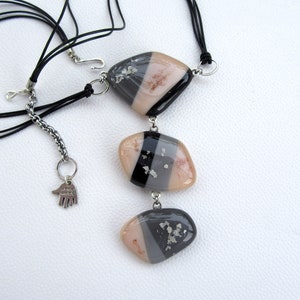 Fused glass necklace, black gray and pink with mika flakes inclusions
