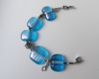 Blue sparkling fused glass bracelet with a Star of David
