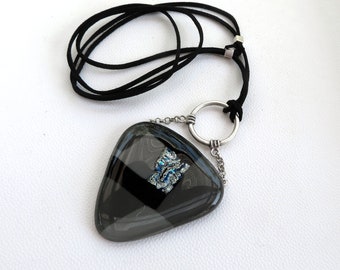 Fused glass black silver necklace