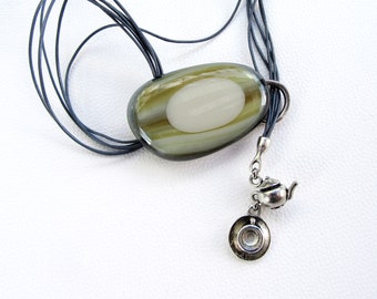 Fused glass necklace, shades of gray and yellow