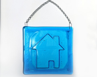 Blue fused glass Home sign