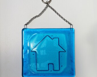 Blue fused glass Home sign