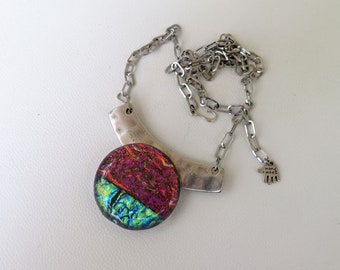 Fused glass Sea Sunset dichroic purple green round pendant statement necklace