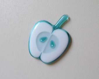 White turquoise Apple, fused glass  fridge magnet