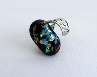 Adjustable black sparkling glass ring with Aurora Borealis Polar Lights effect