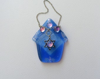 Blue dichroic glass Hamsa suncatcher wall hanging decoration