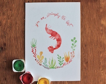 Watercolor shrimp painting, shrimp print, children&#39;s poster, seaweed print, marine animal print, children&#39;s drawings