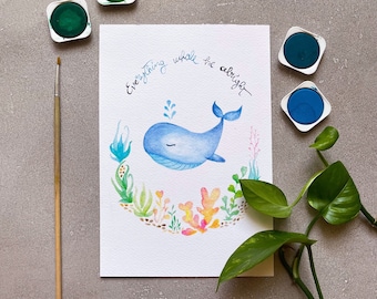 Watercolor whale print, whale poster, kids print, sea animals print, kids drawings, nursery print, nursery decor