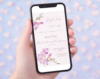 Digital invitation for a baby girl's baptism with freesia flowers – watercolor style – customizable via WhatsApp or print – spring digital invitation