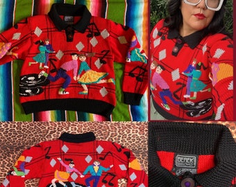 Vintage 80s collared hand knit Sweater with vinyl records music notes and dancers by BEREK