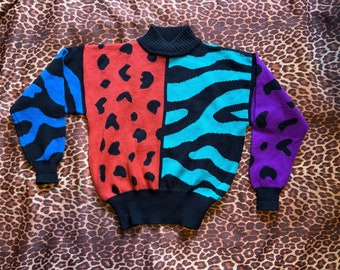 Vintage 80s wool blend Sweater Color block Animal Print by Obermeyer