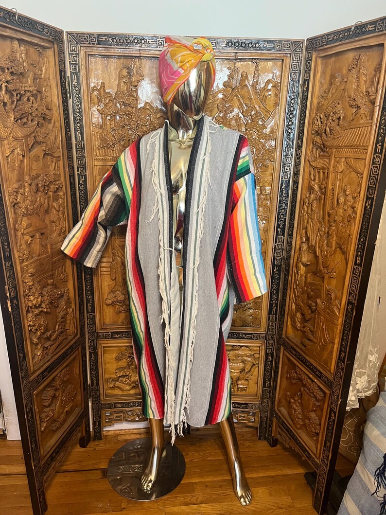 Mexican Robe Vintage 70s Mexican Sarape Blanket Coat Fringe Long Rainbow Striped ...
