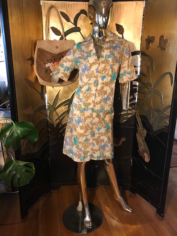 Unique Vintage Butterfly Print Dress in Green - M & L left only