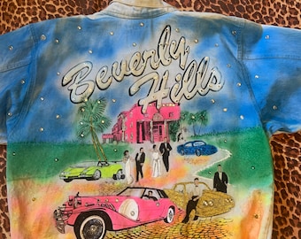 Vintage airbrush Rhinestone embellished denim jean jacket Beverly Hills Tony Alamo Style