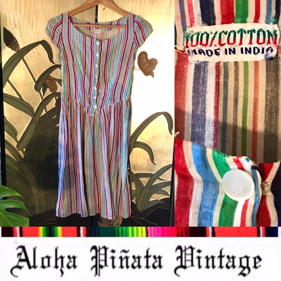 Vintage 60s Indian Cotton Gauze Rainbow Dress - image 1