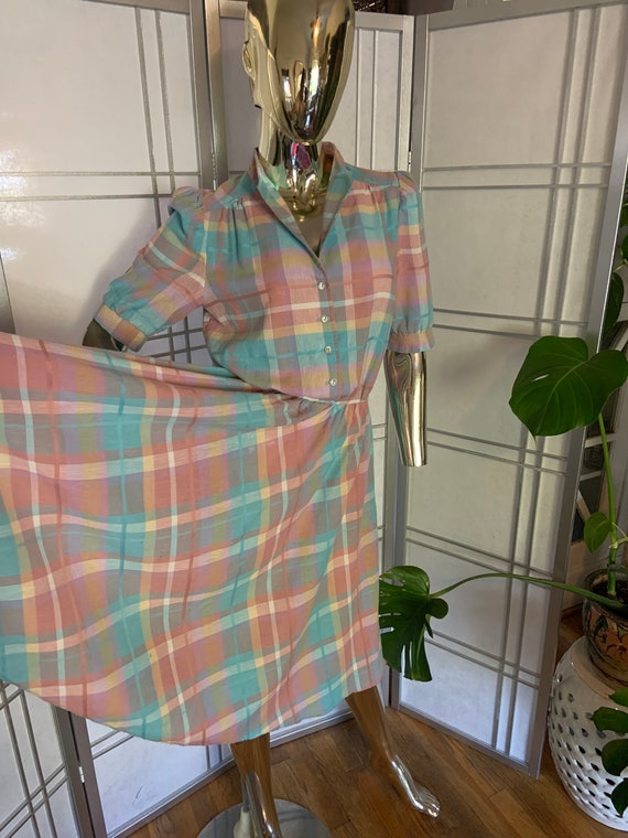 Vintage rainbow plaid 80s does 50s circle skirt d… - image 3