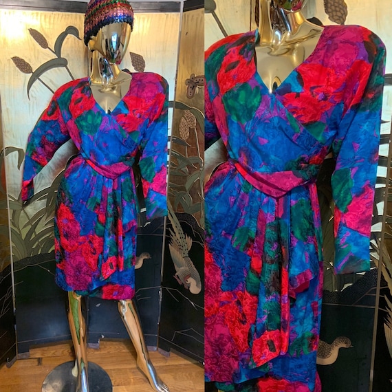 st gillian silk dress Vintage C1980s SILKS by St. Gillian Silk Jacquard Peplum Layer Dress, With  Back Cut Out, 6