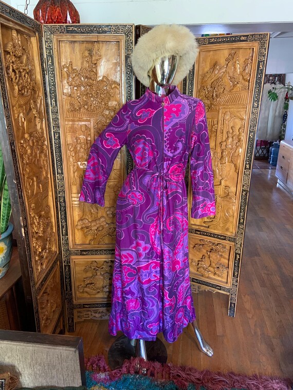 Vintage 70s Purple paisley zip front Housedress c… - image 1