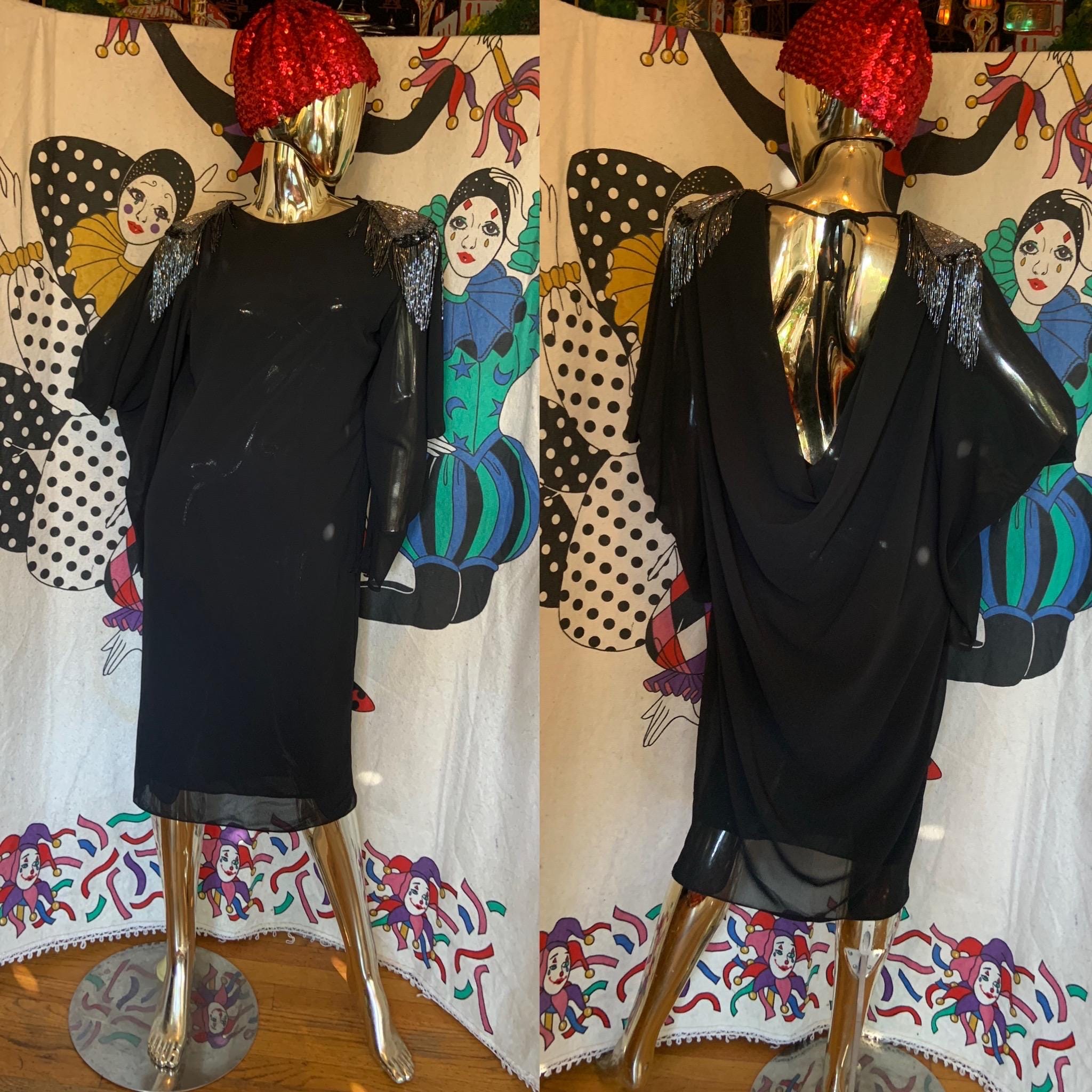 Vintage 80s Does 20s Black Beaded Shoulder Backless Bat Wing