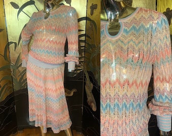 Vintage 70s Knit rainbow Zigzag Skirt Sweater set